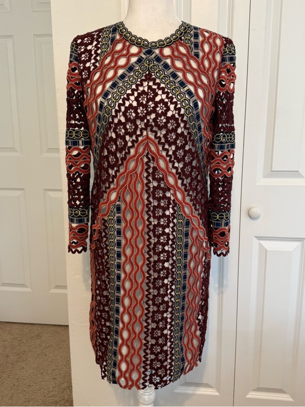 Tory Burch Burgundy Lace Long-Sleeve Geometric Embroidered Guipure Dress Sz 2